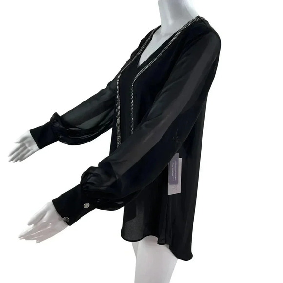 NWT Jennifer Lopez Womens M Black Sheer Blouse Rhinestone Details Bishop Sleeves - Picture 14 of 14